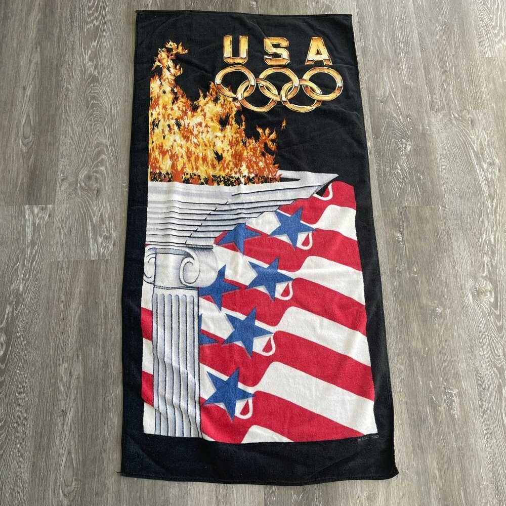Vintage Hilalsal USA Olympic Torch Rings Games Beach Towel 100% Cotton VTG